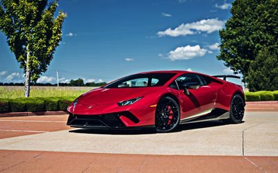Lamborghini Huracan Performante, punainen superauto, n&#228;kym&#228; edest&#228;, uusi punainen Huracan, tuning, musta py&#246;r&#228;t, italian urheiluautoja, Lamborghini