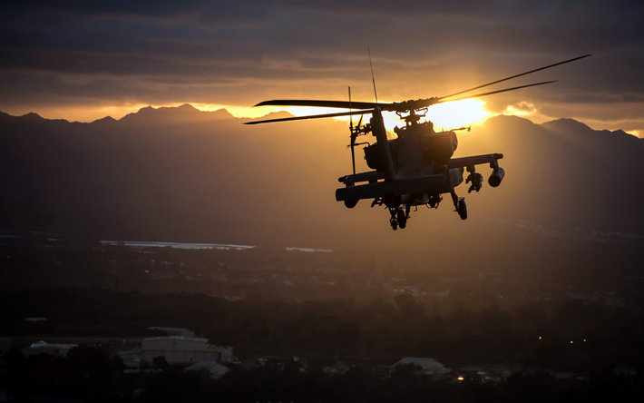 McDonnell Douglas AH-64 Apache, American attack helicopter, sky, sunset, USAF, military helicopters, AH-64 Apache, USA