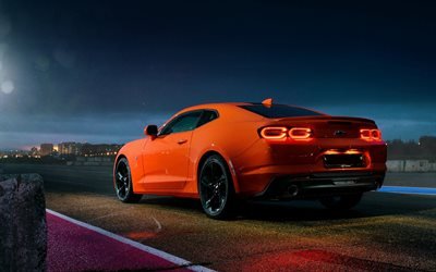 Chevrolet Camaro, 2019, naranja coche deportivo, vista posterior, en el exterior, la nueva naranja Camaro, el deporte estadounidense coches, Chevrolet
