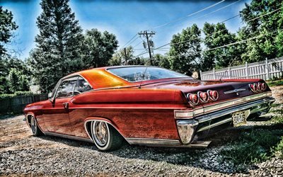 Chevrolet Impala, vista posterior, 1965 carros, HDR, retro carros, ajuste, estrada, laranja da Impala, os carros americanos, Chevrolet