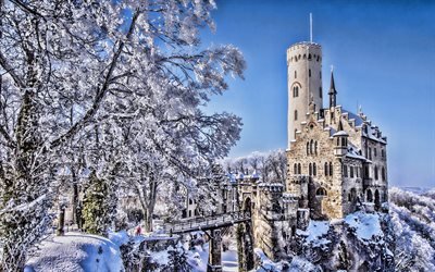Lichtenstein Castle, winter, HDR, german landmarks, Hanau, Baden-Wurttemberg, Germany, Europe