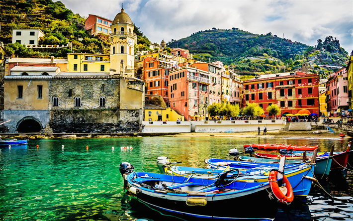 Vernazza, Cinque Terre, costa, bela cidade, montanhas, Mar Mediterr&#226;neo, O Tempero, It&#225;lia