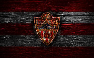 Almeria FC, fogo logotipo, Segunda, linhas vermelhas e brancas, clube de futebol espanhol, grunge, futebol, LaLiga2, Almeria logotipo, textura de madeira, VOC&#202; Almeria, Espanha
