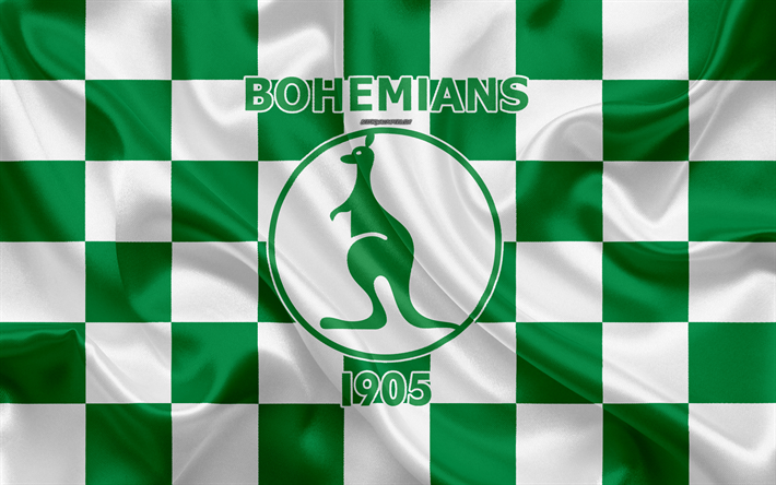 Bohemians 1905 FC, 4k, logotyp, kreativ konst, gr&#246;n, vit rutig flagga, Tjeckiska football club, Tjeckiska Ligan, emblem, siden konsistens, Prag, Tjeckiska Republiken, fotboll