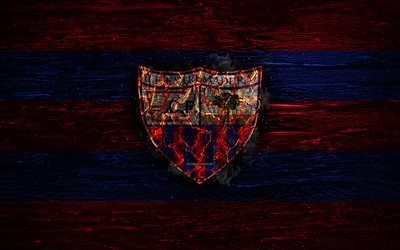 Extremadura FC, fogo logotipo, Segunda, vermelho e azul linhas, clube de futebol espanhol, grunge, futebol, LaLiga2, Extremadura logotipo, textura de madeira, CF Extremadura, Espanha