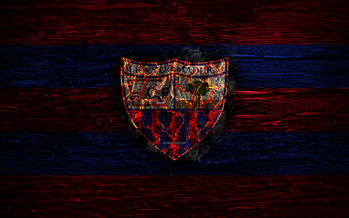 Extremadura FC, yangın logo, Segunda, kırmızı ve mavi &#231;izgiler, İspanyol Futbol Kul&#252;b&#252;, grunge, futbol, LaLiga2, Extremadura logo, ahşap doku, CF Extremadura, İspanya