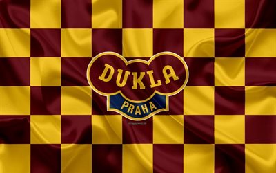 FK Dukla Prague, 4k, logo, creative art, red-yellow checkered flag, Czech football club, Czech First League, silk texture, Prague, Czech Republic, football