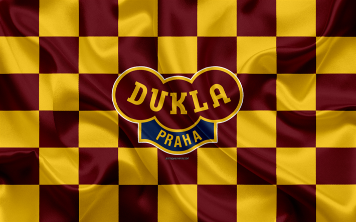 FK Dukla Prague, 4k, logo, art cr&#233;atif, rouge-jaune drapeau &#224; damier, tch&#232;que, club de football, Premier League, soie, texture, Prague, R&#233;publique tch&#232;que, football