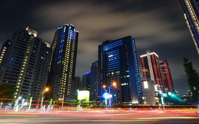 Taipei, Taiwan, night, skyscrapers, modern city, city lights