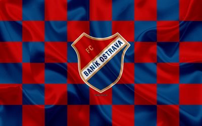 FC Banik Ostrava, 4k, logo, creative art, red and blue checkered flag, Czech football club, Czech First League, silk texture, Ostrava, Czech Republic, football