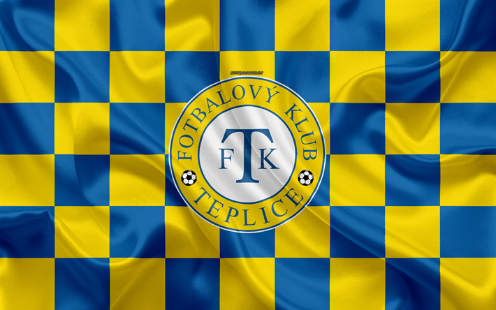 FK Teplice, 4k, logo, art cr&#233;atif, jaune-bleu drapeau &#224; damier, tch&#232;que, club de football, Premier League, soie, texture, Teplice, R&#233;publique tch&#232;que, football