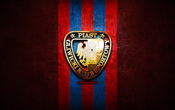 Piast Gliwice FC, golden logo, Ekstraklasa, red metal background, football, Piast Gliwice, polish football club, Piast Gliwice logo, soccer, Poland