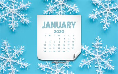 January 2020 Calendar, white snowflakes on a blue background, 2020 calendars, 2020 concepts, 2020 New Year, 2020 January Calendar