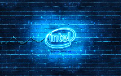 Intel, logotipo azul, 4k, azul brickwall, O logotipo da Intel, marcas, Intel neon logotipo