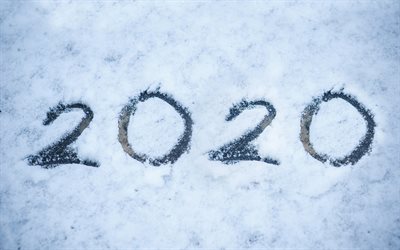 Happy New Year 2020, inscription in the snow, snow texture, 2020 concepts, 2020 new year, winter