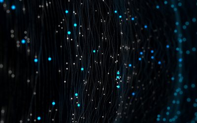 technologie, textur, neon-f&#228;den-textur, hintergrund-threads, schwarzer hintergrund mit threads, bokeh, blaues neon licht