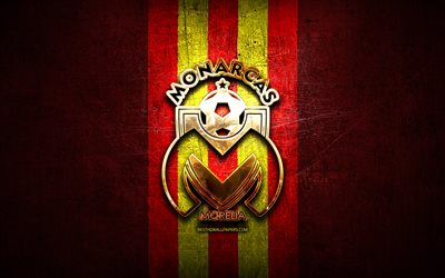 Monarcas FC, ouro logotipo, Liga MX, vermelho de metal de fundo, futebol, CA Monarcas Morelia, mexicana de futebol do clube, Monarcas Morelia logotipo, M&#233;xico