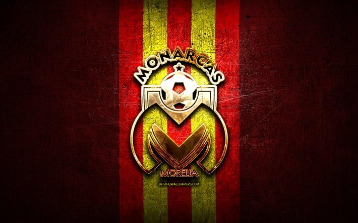 Monarcas FC, golden logo, Liga MX, red metal background, football, CA Monarcas Morelia, mexican football club, Monarcas Morelia logo, soccer, Mexico