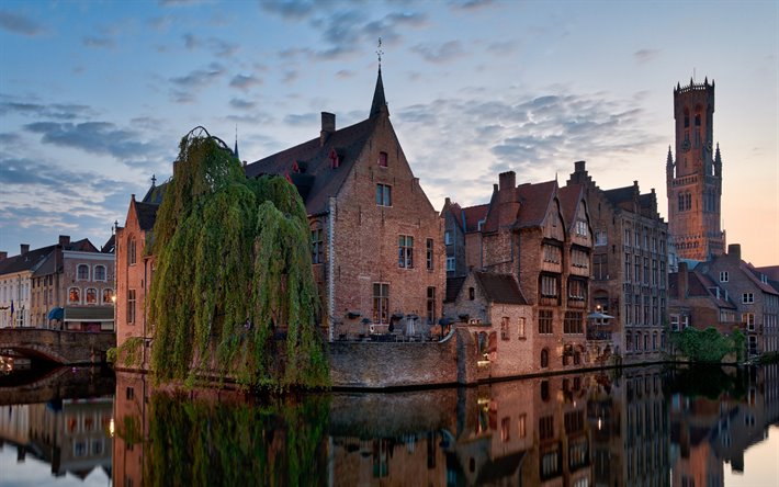 Bruges, evening, sunset, old buildings, beautiful city, Belgium