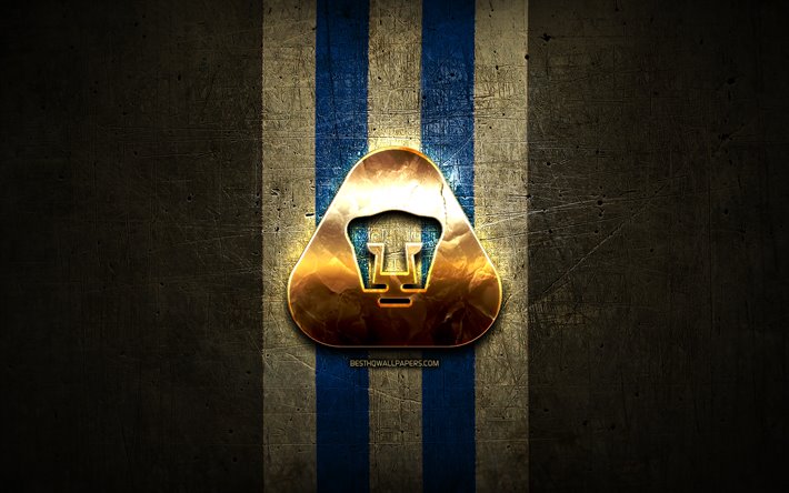 Pumas UNAM FC, logo dorato, Liga MX, marrone, metallo, sfondo, calcio, Club Universidad Nacional, messicano squadra di calcio Pumas UNAM logo, Messico