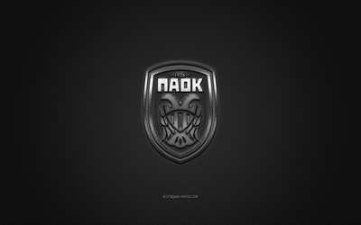 El PAOK FC, griego club de f&#250;tbol de la S&#250;per Liga de Grecia, plateado, gris de fibra de carbono de fondo, f&#250;tbol, Tesal&#243;nica, Grecia, el PAOK FC logo