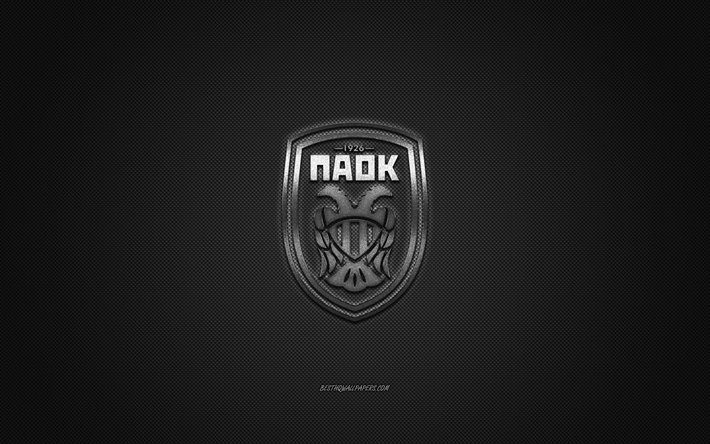 PAOK FC, Greek football club, Super League Greece, silver logo, gray carbon fiber background, football, Thessaloniki, Greece, PAOK FC logo