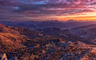 Alpi, tramonto, paesaggio di montagna, valle di montagna, foresta, Austria
