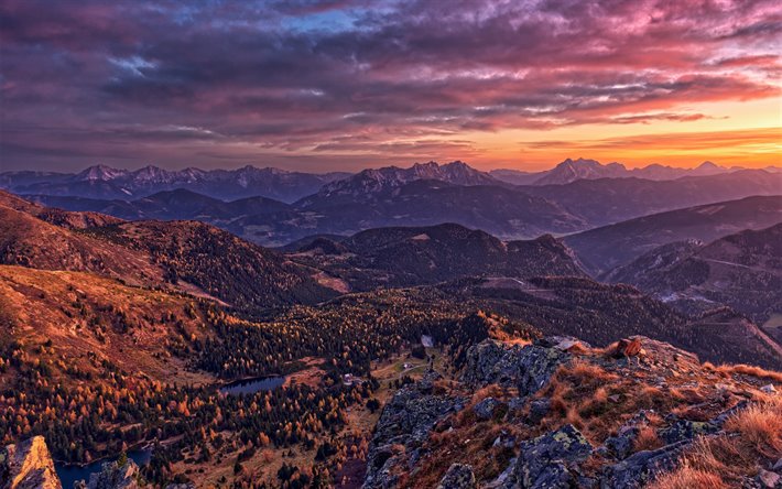 Alpes, coucher de soleil, paysage de montagne, montagne, vall&#233;e, for&#234;t, Autriche