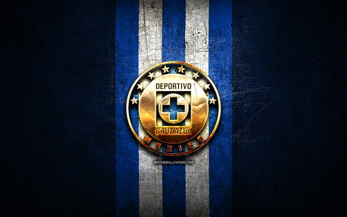Cruz Azul FC, altın logo, Lig MX, mavi metal arka plan, futbol, Cruz Azul, Meksika Futbol Kul&#252;b&#252;, Cruz Azul logo, Meksika