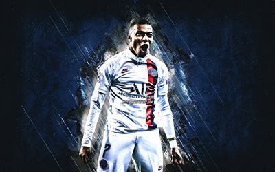 Kylian Mbappe, PSG, French footballer, Paris Saint-Germain, blue stone background, football, Ligue 1, football stars