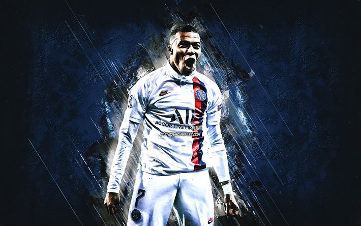 Kylian Mbappe, PSG, calciatore francese, il Paris Saint-Germain, la pietra blu di sfondo, calcio, Ligue 1, stelle del calcio