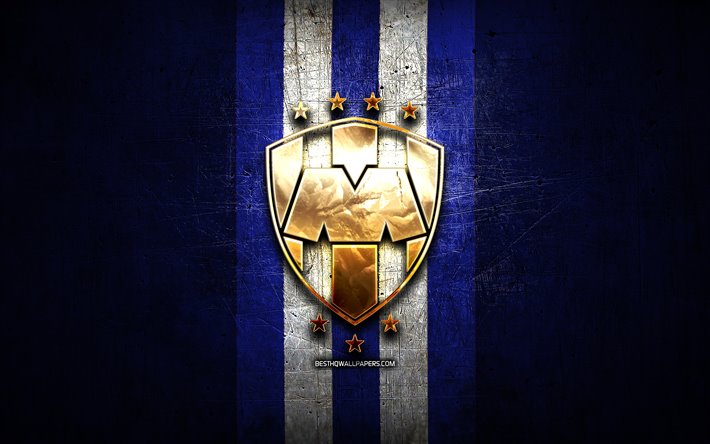 Monterrey FC, kultainen logo, Liga MX, sininen metalli tausta, jalkapallo, CF Monterrey, meksikon football club, Monterrey-logo, Meksiko
