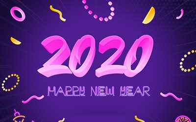 2020 النيون الخلفية, سنة جديدة سعيدة عام 2020, خلفية الأرجواني, 2020 المفاهيم, 2020 السنة الجديدة, 3d الوردي الحروف
