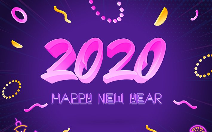 2020 fundo Neon, Feliz Ano Novo 2020, fundo roxo, 2020 conceitos, 2020 Ano Novo, 3d letras cor-de-rosa