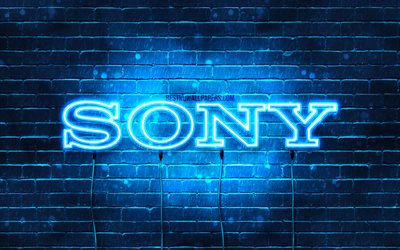 Sony blu logo, 4k, blu, brickwall, logo Sony, marche, Sony neon logo Sony