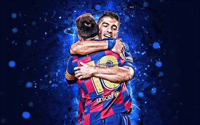 Lionel Messi, Luis Suarez, 4k, FC Barcelona, futbolcular, FCB, Messi ve Suarez, futbol yıldızları, UEFA Şampiyonlar Ligi, Leo Messi, LaLiga, İspanya, neon ışıkları, Barca, futbol, Messi
