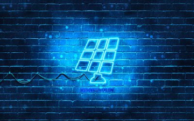 ソーラーパネルのネオンアイコン, 4k, 青い背景, ネオン記号, ソーラーパネル事業, creative クリエイティブ, ネオンアイコン, 技術の兆候, テクノロジーアイコン