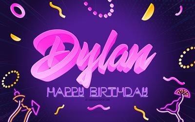 Joyeux anniversaire Dylan, 4k, Purple Party Background, Dylan, art cr&#233;atif, Dylan nom, Dylan Birthday, Birthday Party Background