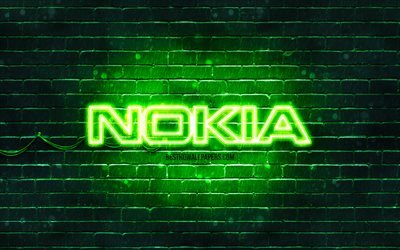 Logo verde Nokia, 4k, muro di mattoni verde, logo Nokia, grafica, logo neon Nokia, Nokia
