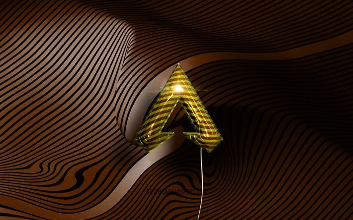 Apex Legends 3D-logo, 4K, kultaiset realistiset ilmapallot, Apex Legends -logo, ruskeat aaltoilevat taustat, Apex Legends