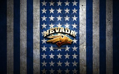 Nevada Wolf Pack flag, NCAA, blue white metal background, american football team, Nevada Wolf Pack logo, USA, american football, golden logo, Nevada Wolf Pack