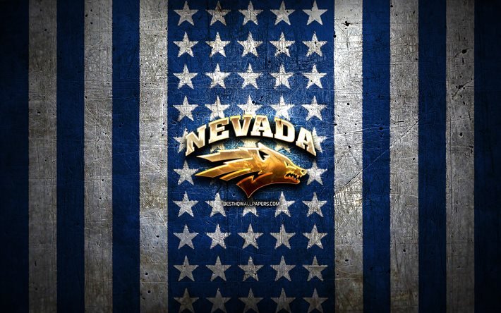 Nevada Wolf Pack bayrağı, NCAA, mavi beyaz metal arka plan, amerikan futbol takımı, Nevada Wolf Pack logosu, ABD, amerikan futbolu, altın logo, Nevada Wolf Pack