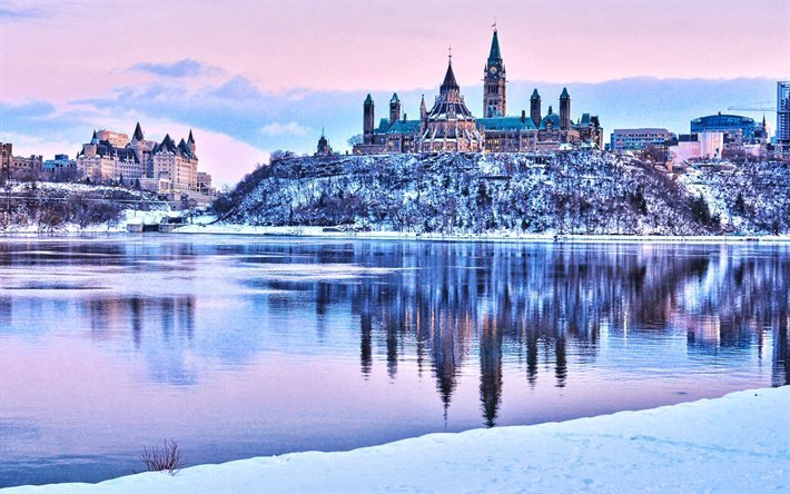 Parliament Hill, kış, kanadalı şehirler, şehir manzaraları, Ottawa, Kanada, Kuzey Amerika, HDR