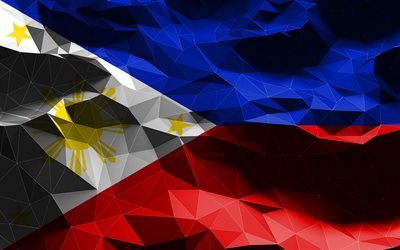 4k, drapeau philippin, art low poly, pays asiatiques, symboles nationaux, drapeau des Philippines, drapeaux 3D, Philippines, Asie, drapeau 3D des Philippines