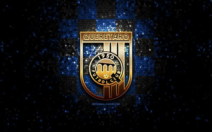 Queretaro FC, logotipo brilhante, Liga MX, fundo xadrez preto azulado, futebol, clube de futebol mexicano, logotipo do Queretaro, arte em mosaico, Gallos Blancos de Queretaro