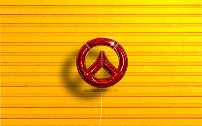 Overwatch logo, 4K, red realistic balloons, games brands, Overwatch 3D logo, yellow wooden backgrounds, Overwatch
