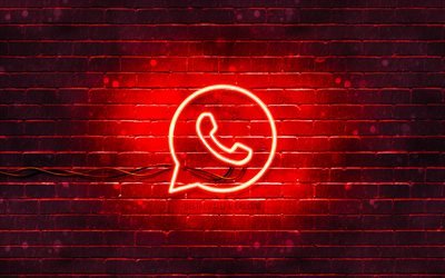 Logotipo vermelho do WhatsApp, 4k, parede de tijolos vermelhos, logotipo do WhatsApp, redes sociais, logotipo do n&#233;on do WhatsApp, WhatsApp