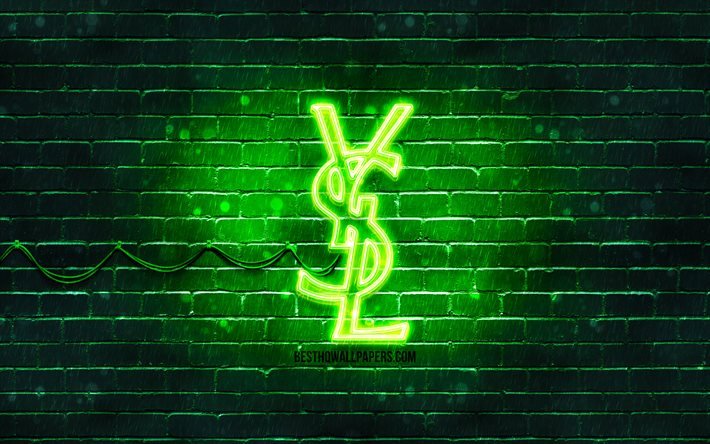 Yves Saint Laurent green logo, 4k, green brickwall, Yves Saint Laurent logo, fashion brands, Yves Saint Laurent neon logo, Yves Saint Laurent