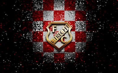 FC Utrecht, logotipo com glitter, Eredivisie, fundo xadrez branco vermelho, futebol, clube de futebol holand&#234;s, logotipo do FC Utrecht, arte em mosaico, Utrecht FC