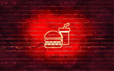 fastfood neon symbol, 4k, roter hintergrund, neon symbole, fastfood, kreativ, fastfood zeichen, lebensmittel zeichen, fastfood symbol, lebensmittel symbole